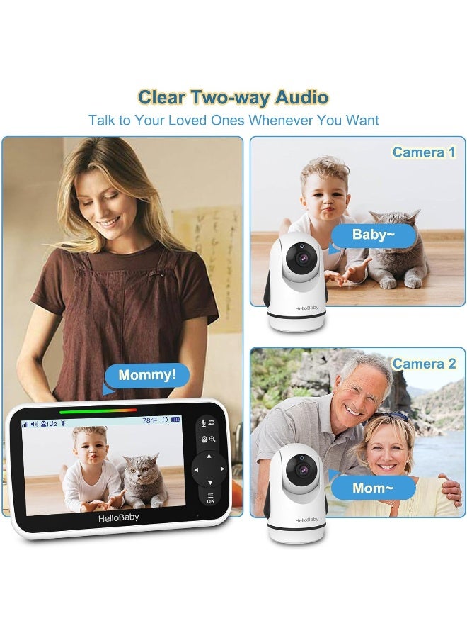 HelloBaby Video Baby Monitor with 2 Cameras and 5 Inch Split Screen Display, Remote Control Cameras with Night Vision and Temperature Monitoring - Image 4