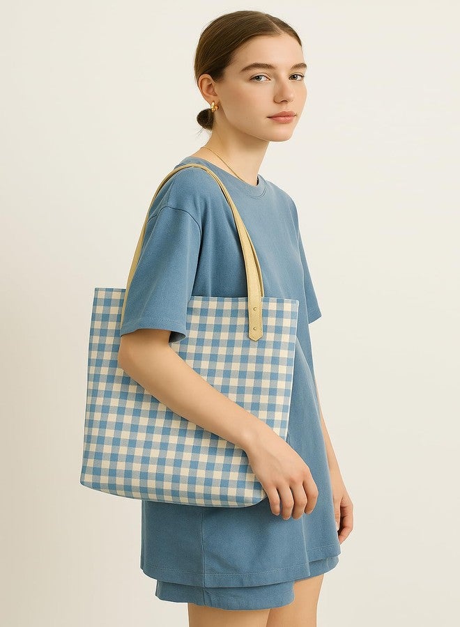 Jeelow Market Street Canvas Tote Bag Handbag Padded Purse with Vegan Leather Handles Floral Or Plaid - Image 2