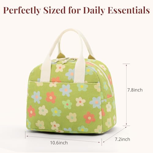LOVELYWIND Insulated Floral Green Lunch Bag for Women, Corduroy Tote with Aluminum Lining, Large Capacity Reusable Cooler for Work, Travel, Beach or Picnic, Floral Pattern Water-Resistant Lunch Box - Image 4