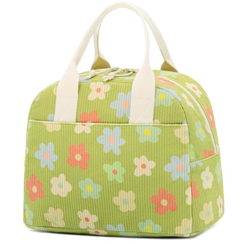LOVELYWIND Insulated Floral Green Lunch Bag for Women, Corduroy Tote with Aluminum Lining, Large Capacity Reusable Cooler for Work, Travel, Beach or Picnic, Floral Pattern Water-Resistant Lunch Box - Image 1