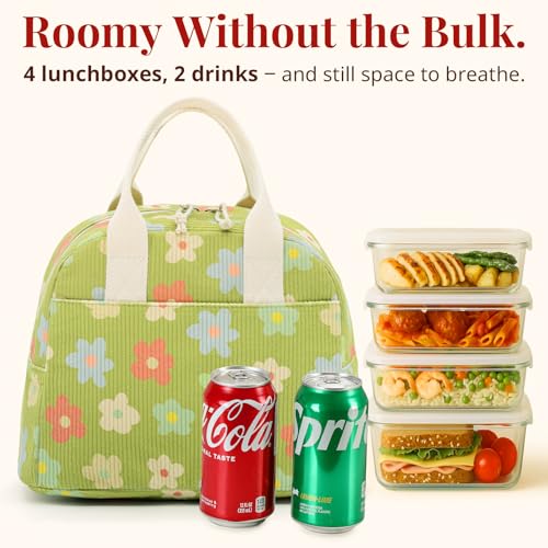 LOVELYWIND Insulated Floral Green Lunch Bag for Women, Corduroy Tote with Aluminum Lining, Large Capacity Reusable Cooler for Work, Travel, Beach or Picnic, Floral Pattern Water-Resistant Lunch Box - Image 2