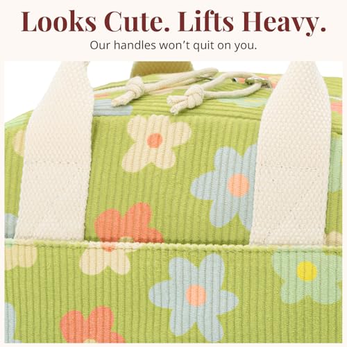 LOVELYWIND Insulated Floral Green Lunch Bag for Women, Corduroy Tote with Aluminum Lining, Large Capacity Reusable Cooler for Work, Travel, Beach or Picnic, Floral Pattern Water-Resistant Lunch Box - Image 5