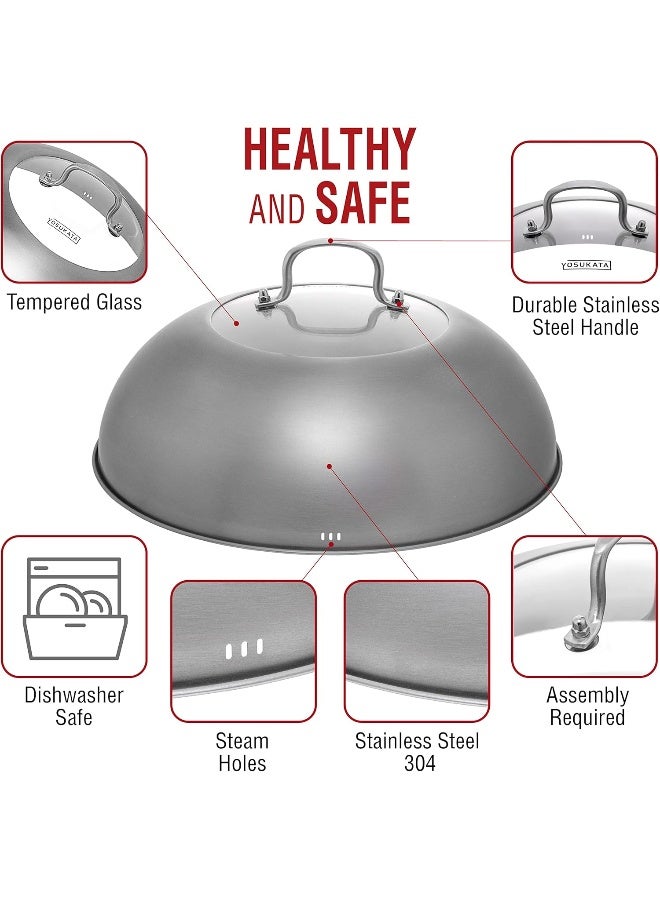 YOSUKATA Wok Lid 13.6 Inch - Premium Stainless Wok Cover with Tempered Glass Insert Steam Holes - Dishwasher-Safe Lid for 14-Inch Wok - Cheese Melting Dome for Griddle  - Image 2