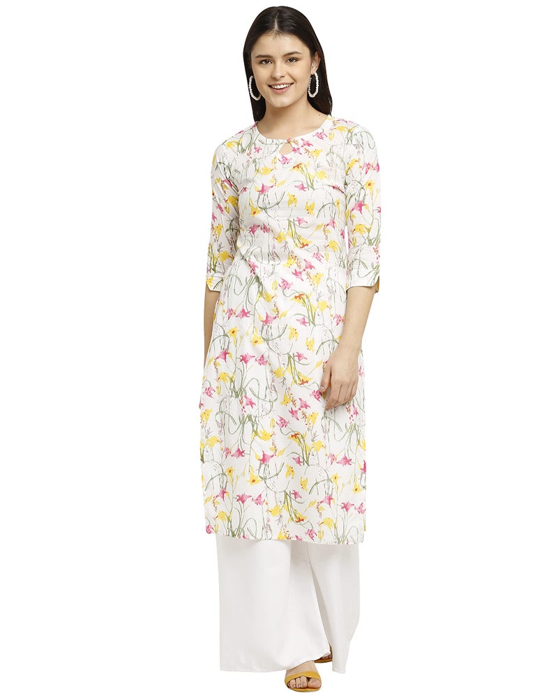 Rajnandini Women's Pure Cambric Cotton Jaipuri Printed Kurti (JOPLJPR89-S_White_S) - Image 1