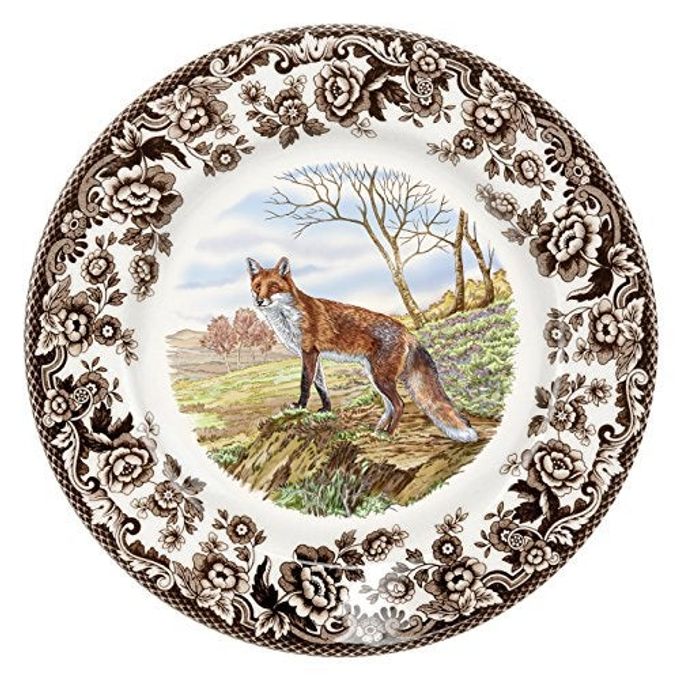 Spode Woodland Red Fox Salad Plate - 8" Fine Earthenware Plate with British Flowers Border, Rustic Wildlife Design - Dishwasher, Microwave, Freezer & Oven Safe - Made in England