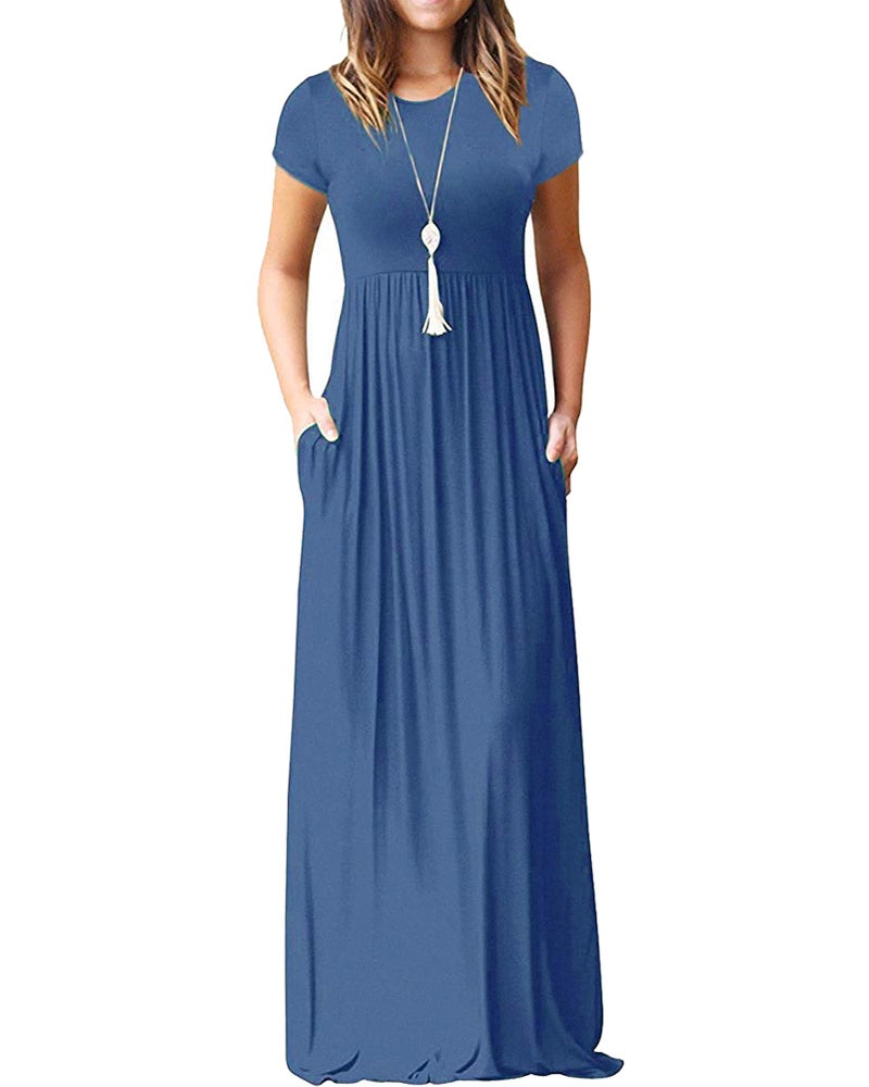 AUSELILY Womens Short Sleeve Loose Plain Casual Long Maxi Dresses for Women 2025 Beja Blue M