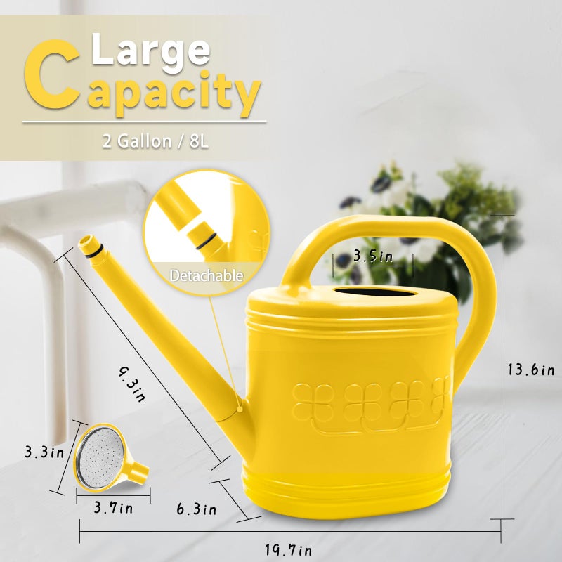 Giftsfaloy 2 Gallon Watering Can, Outdoor Watering Can for Plants, Garden Water Can with Removable Long Spout and Stainless Steel Sprinkler Head, Large Water Can for Greenhouse (Yellow, 2 Gallon) - Image 2