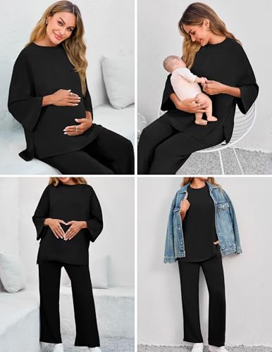FMEYOA Women Maternity Nursing Pajama Set Breastfeeding Sleepwear Set Long Sleeve Top & Pants Postpartum Pajamas with Pockets - Image 2