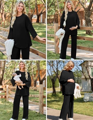 FMEYOA Women Maternity Nursing Pajama Set Breastfeeding Sleepwear Set Long Sleeve Top & Pants Postpartum Pajamas with Pockets - Image 3
