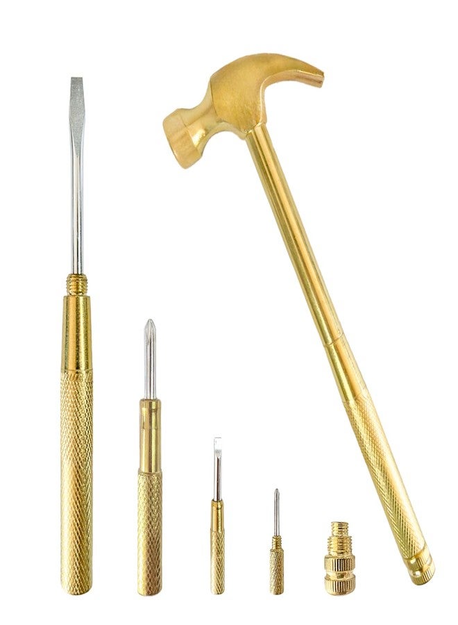 LASUND Small Hammer Metal Hammer & Screwdriver, 6 in 1Multitool Camping Hammer Set Screwdriver Tools (Gold) - Image 1