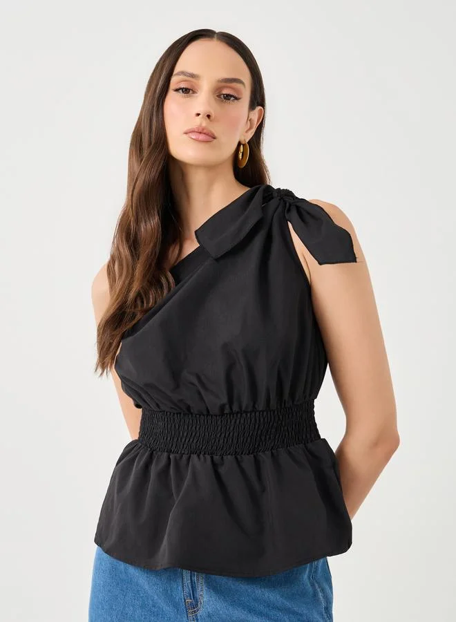 Styli Styli Black One Shoulder Smocked Waist Sleeveless Top