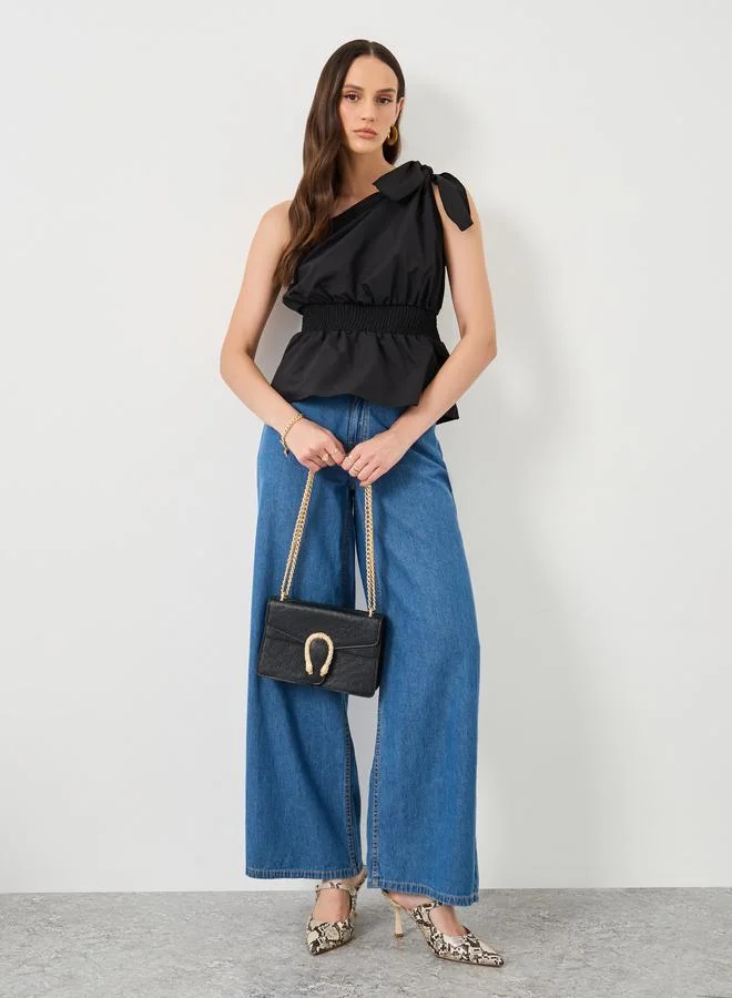 Styli Styli Black One Shoulder Smocked Waist Sleeveless Top