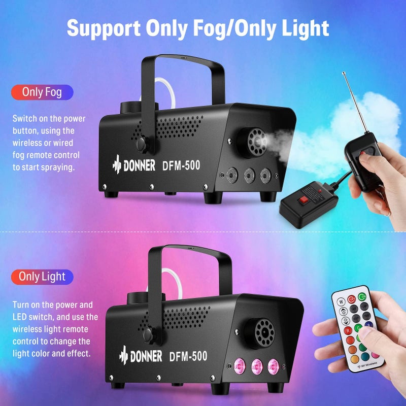Donner Fog Machine with 13 Colors, 500W 2000CFM Party Smoke Machine with RGB LED Light, Indicate Light with 2 Wireless Remote Controls, Manual Spray Fog, for Halloween Festival Wedding Indoor Use - Image 2