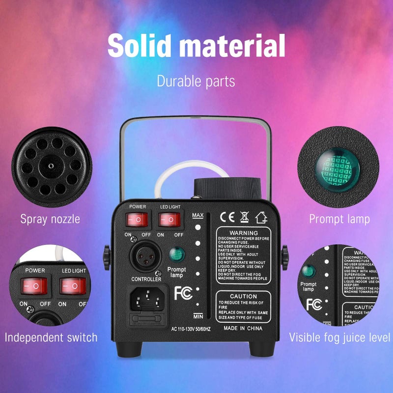 Donner Fog Machine with 13 Colors, 500W 2000CFM Party Smoke Machine with RGB LED Light, Indicate Light with 2 Wireless Remote Controls, Manual Spray Fog, for Halloween Festival Wedding Indoor Use - Image 3