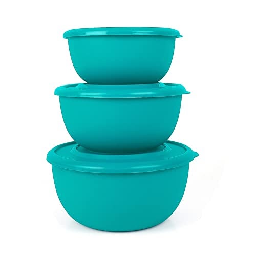Zaib Microwave Safe Stainless Steel Mixing Bowl Set of 3 with Lid | Food Storage Containers for Kitchen | Fridge & Freezer Safe | 500 ml, 800 ml, 1250 ml (3 Classic Turquoies Bowl) - Image 1