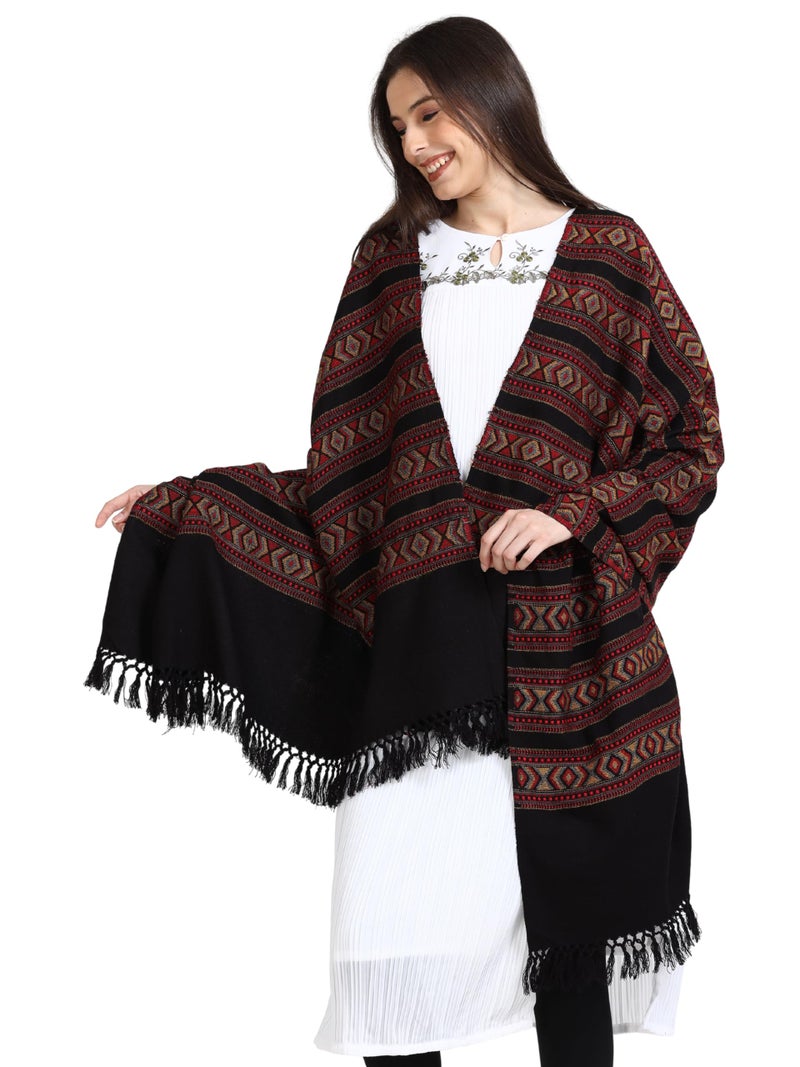 Arvore Bunkaar Handwoven Woolen Shawl for Women with Kullu Border (Ebony Black, Medium) - Image 2