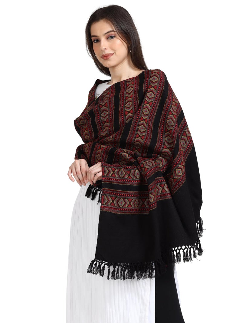 Arvore Bunkaar Handwoven Woolen Shawl for Women with Kullu Border (Ebony Black, Medium) - Image 3
