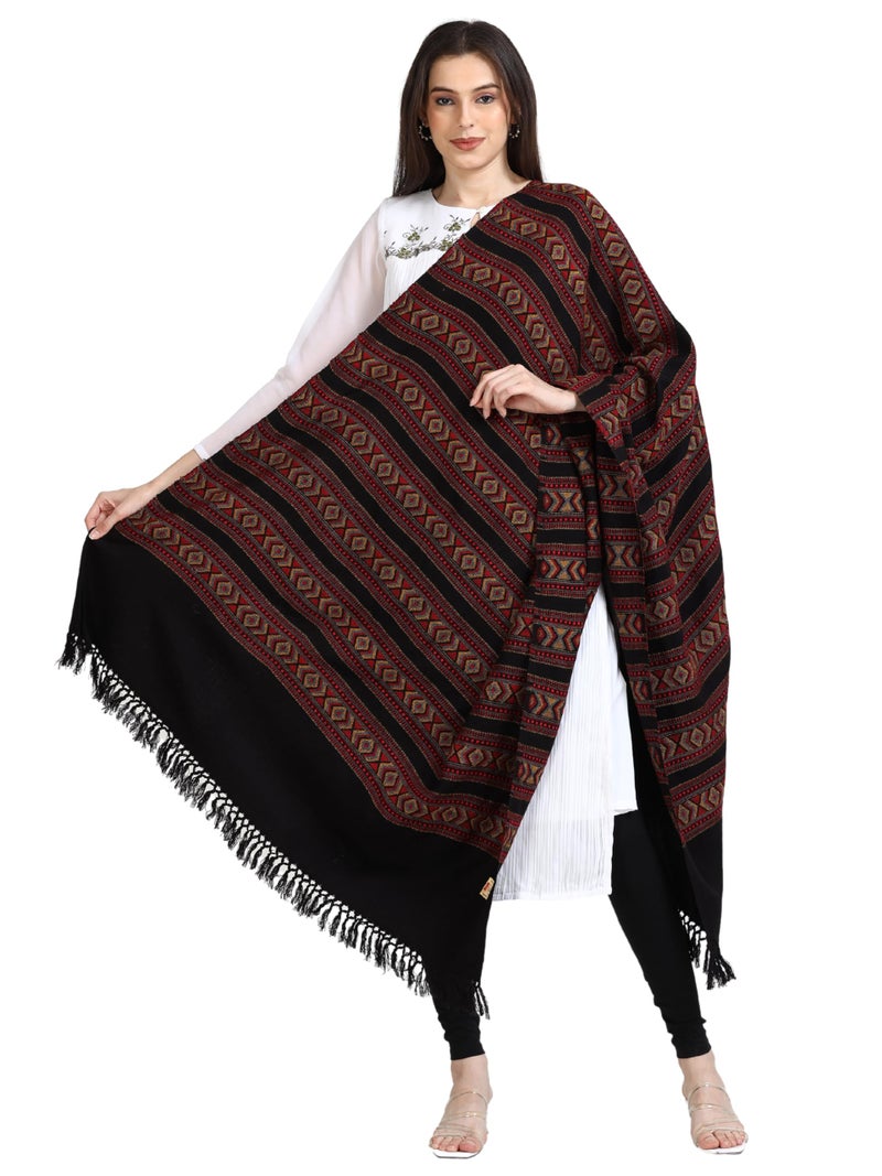 Arvore Bunkaar Handwoven Woolen Shawl for Women with Kullu Border (Ebony Black, Medium) - Image 1