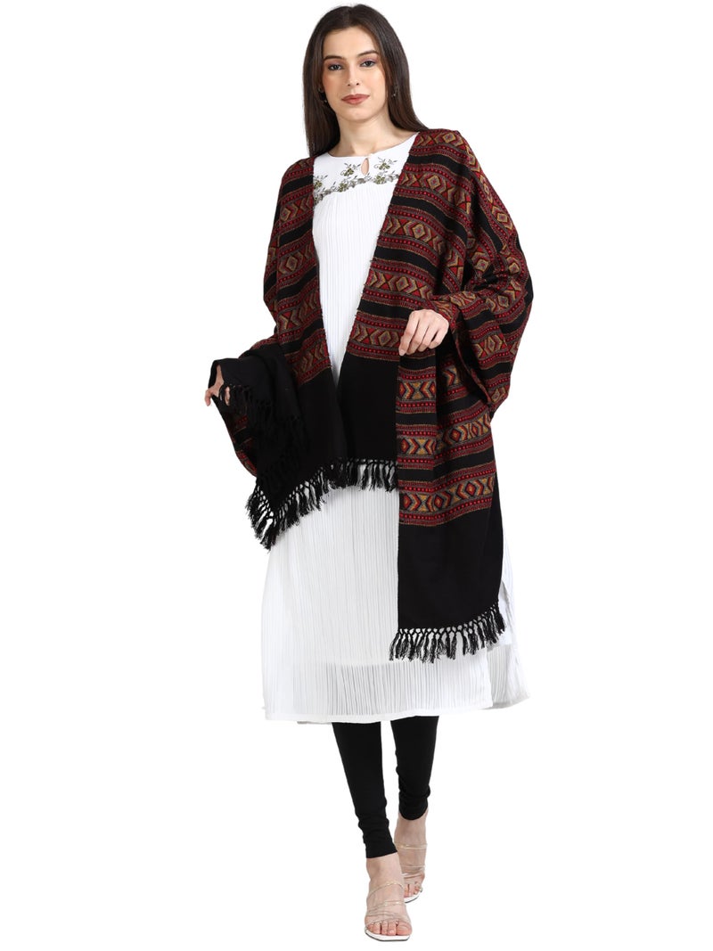Arvore Bunkaar Handwoven Woolen Shawl for Women with Kullu Border (Ebony Black, Medium) - Image 4