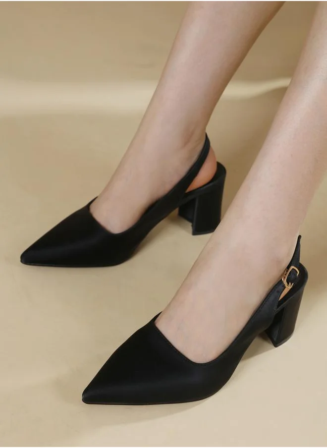 Sneak-a-Peek Plain Slingback Pointed Toe Block Heel Shoes