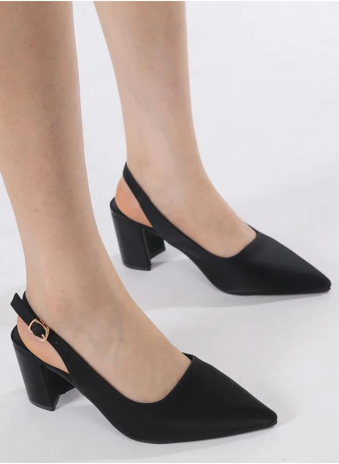Sneak-a-Peek Plain Slingback Pointed Toe Block Heel Shoes