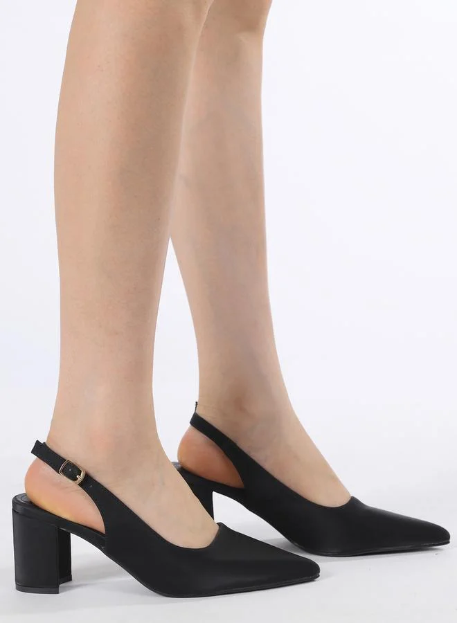 سنيك ايه بيك Plain Slingback Pointed Toe Block Heel Shoes