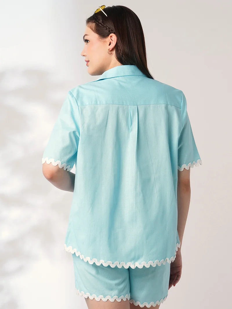 globus Women Blue Collared Neck Lace Detailing Oversized Shirt With Shorts Co-Ords Set