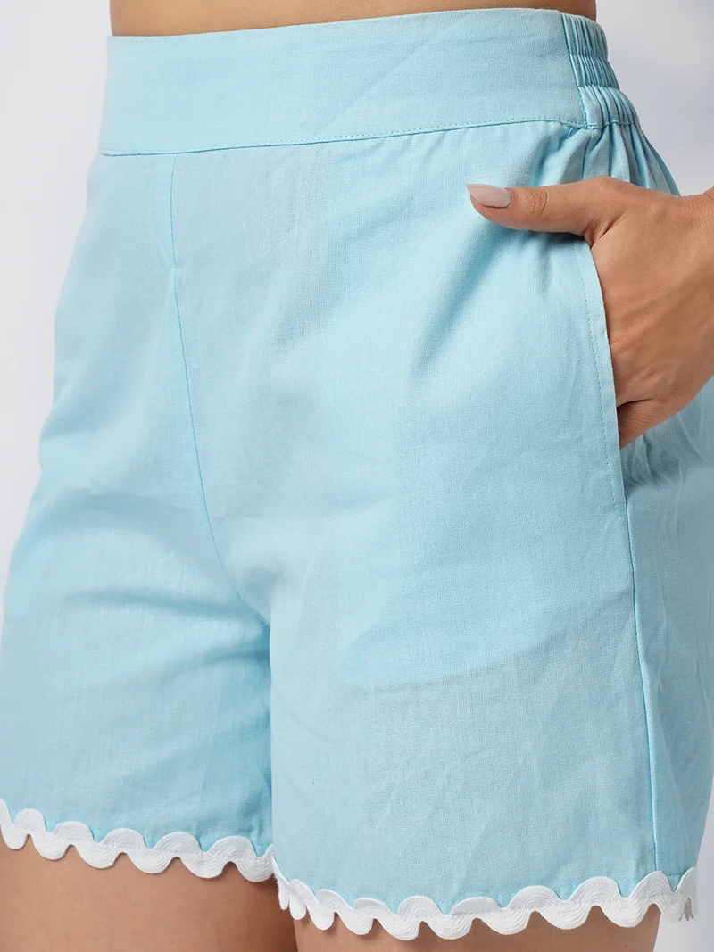 globus Women Blue Collared Neck Lace Detailing Oversized Shirt With Shorts Co-Ords Set