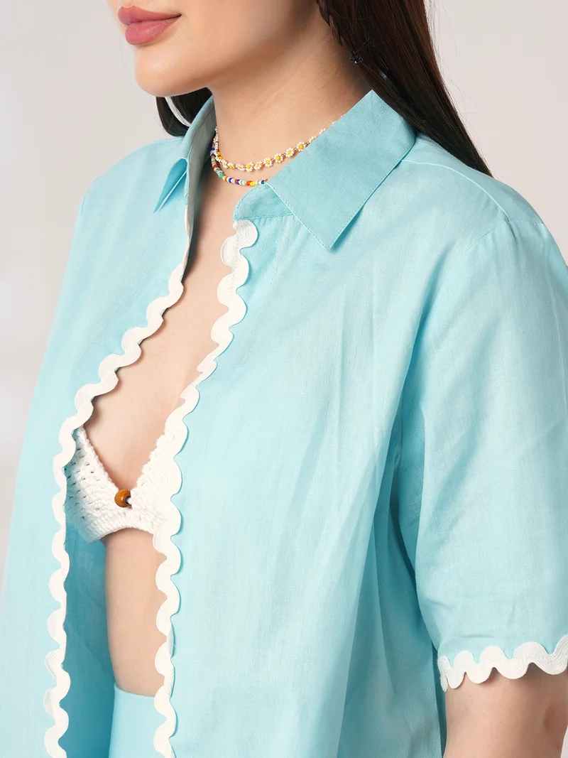 globus Women Blue Collared Neck Lace Detailing Oversized Shirt With Shorts Co-Ords Set