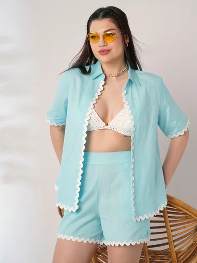 globus Women Blue Collared Neck Lace Detailing Oversized Shirt With Shorts Co-Ords Set