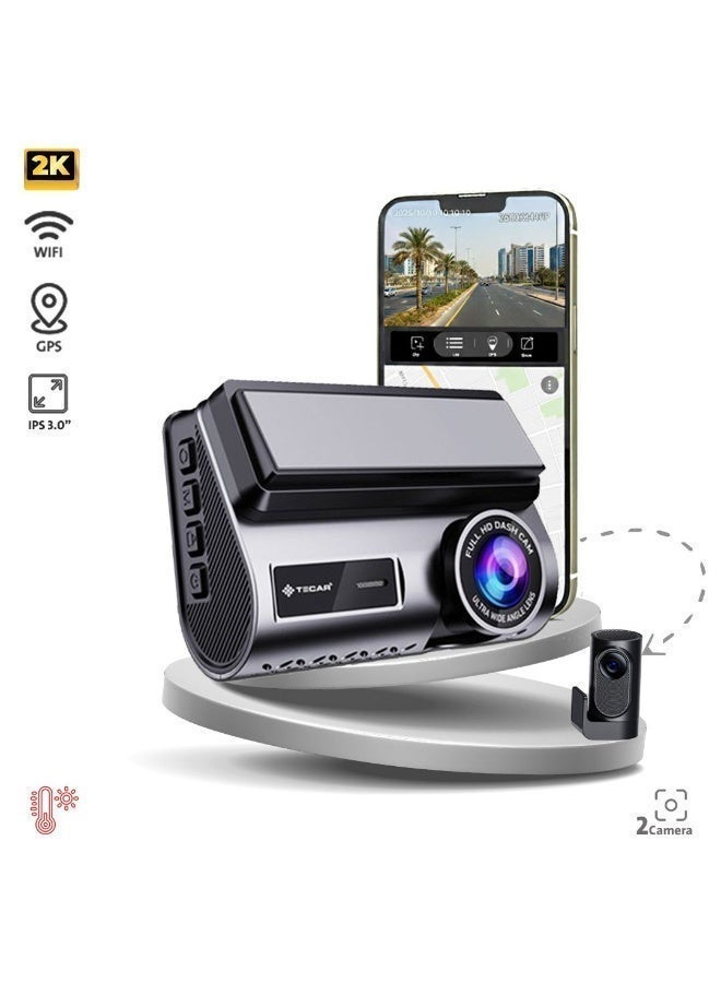TE-D222 Dash Cam 2K Digital Dual Cameras with Wi-Fi, 24-Hour Video Recording, App + Audio Recording - Image 1