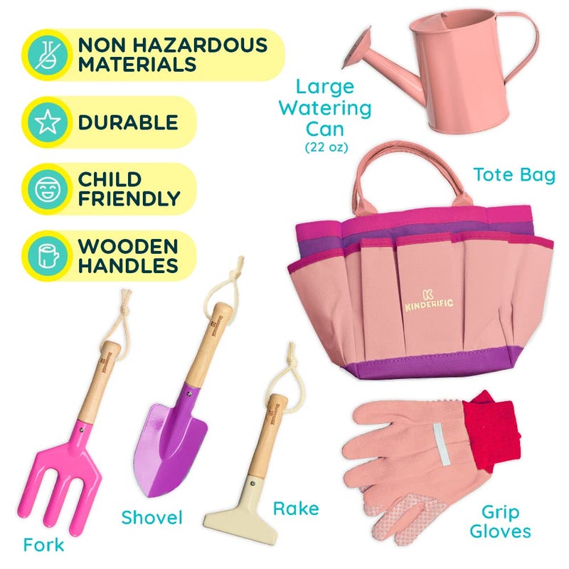 Kinderific Gardening Set, Tool Kit, for Kids, STEM, Includes Tote Bag, Spade, Watering Can, Rake, Fork, Trowel and Gloves (Princess Pink) - Image 3