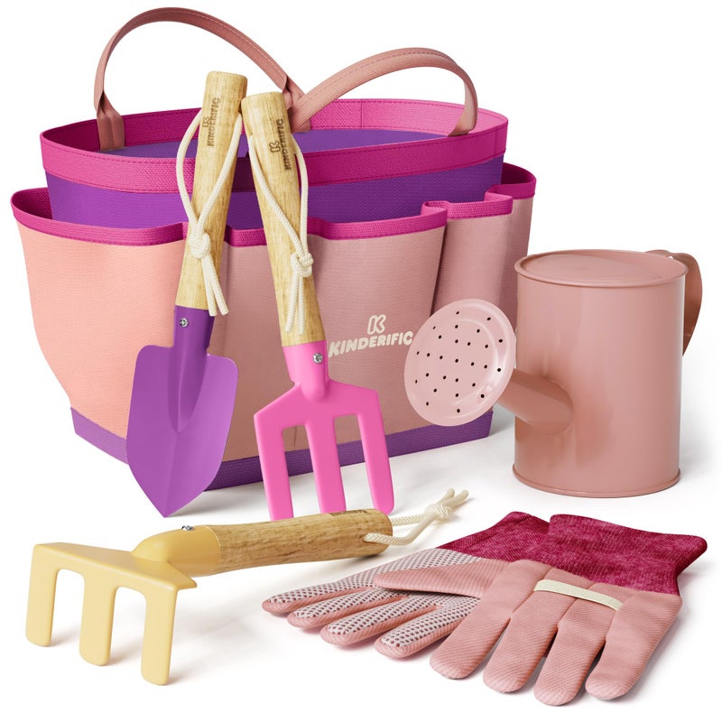 Kinderific Gardening Set, Tool Kit, for Kids, STEM, Includes Tote Bag, Spade, Watering Can, Rake, Fork, Trowel and Gloves (Princess Pink) - Image 1