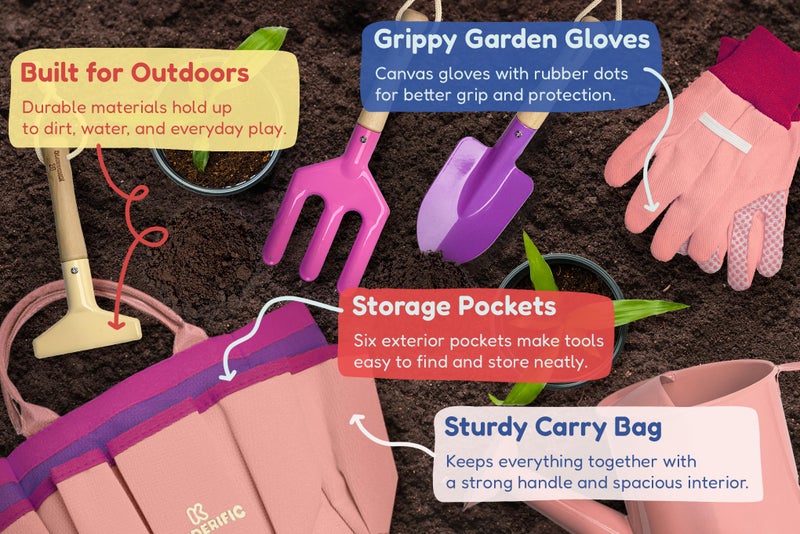 Kinderific Gardening Set, Tool Kit, for Kids, STEM, Includes Tote Bag, Spade, Watering Can, Rake, Fork, Trowel and Gloves (Princess Pink) - Image 4