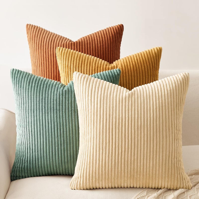 غطاء وسادة ، مقاس 45 × 45 سم، بلون أخضر داكن، مجموعة من 4 قطع، بنسيج الكوردوروي، مناسب للأريكة، غرفة النوم، البالكوني، بتصميم مخطط. - Image 1