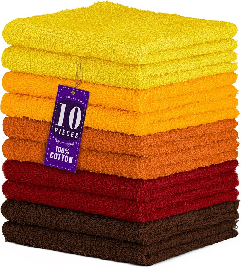 10 Pack 100% Cotton Wash Cloth, Luxurious Soft, 12 x 12 inch Ultra Absorbent, Machine Washable Washcloths, Assorted Set 1 (10 Pack)