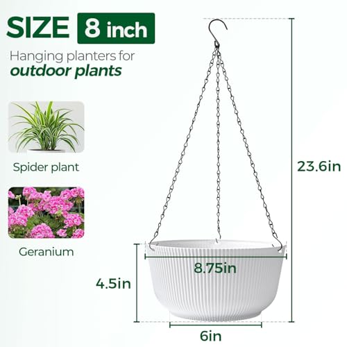 T4U Hanging Planter Self Watering 8 Inch, 2 Pack White Indoor Outdoor Hanging Plant pots, Hanging Flower Pot with Drainage Hole & Plug & Chain with 3 Hooks for Garden Home Decor - Image 2