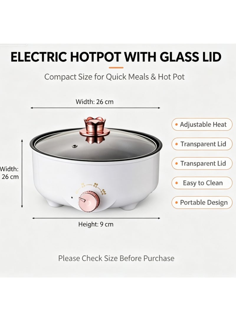 26CM Multi-Functional Electric Cooking Pot with Glass Lid, Adjustable Temperature Non-Stick Electric Skillet, Portable Electric Hot Pot for Frying Boiling Stewing - Image 1