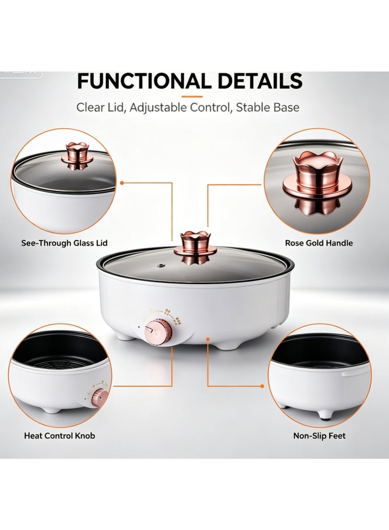 26CM Multi-Functional Electric Cooking Pot with Glass Lid, Adjustable Temperature Non-Stick Electric Skillet, Portable Electric Hot Pot for Frying Boiling Stewing - Image 2