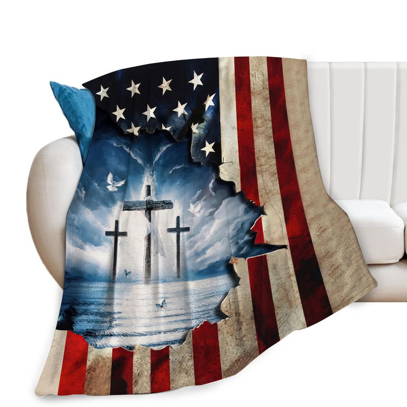 Christian Cross US American Flag Blanket Religious Decor Throw Blanket Jesus Faith Inspirational Blanket Gifts for Women Men Bedding Warm Soft Plush Fleece Flannel Blanket for Adults Kids 40""x50""
