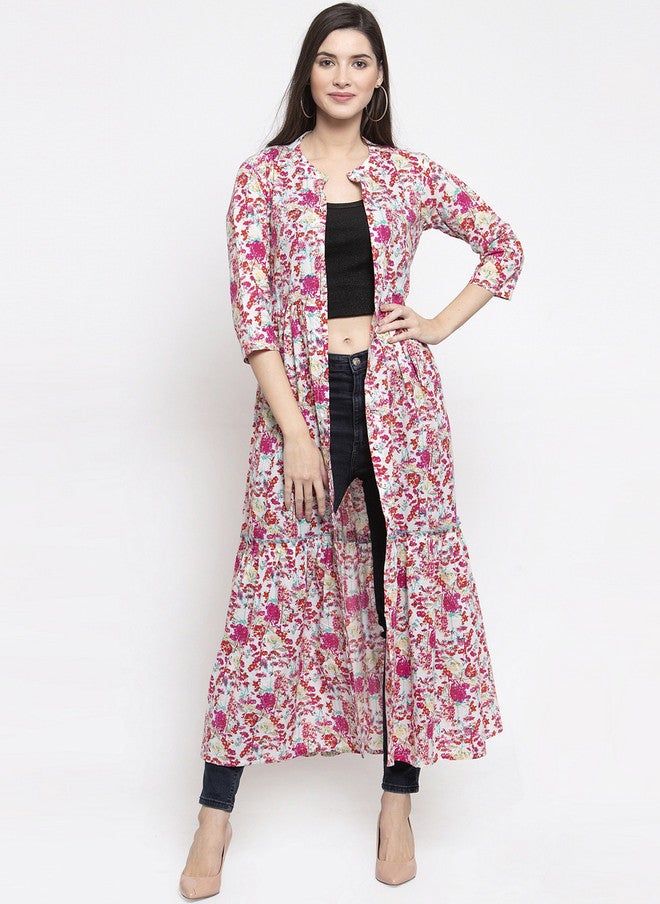 Indibelle Women Pink Floral Printed Longline Open Front Shrug - Image 1