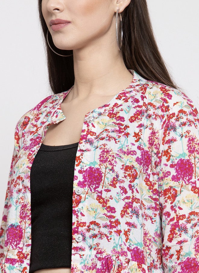 Indibelle Women Pink Floral Printed Longline Open Front Shrug - Image 2