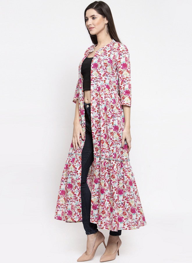 Indibelle Women Pink Floral Printed Longline Open Front Shrug - Image 3