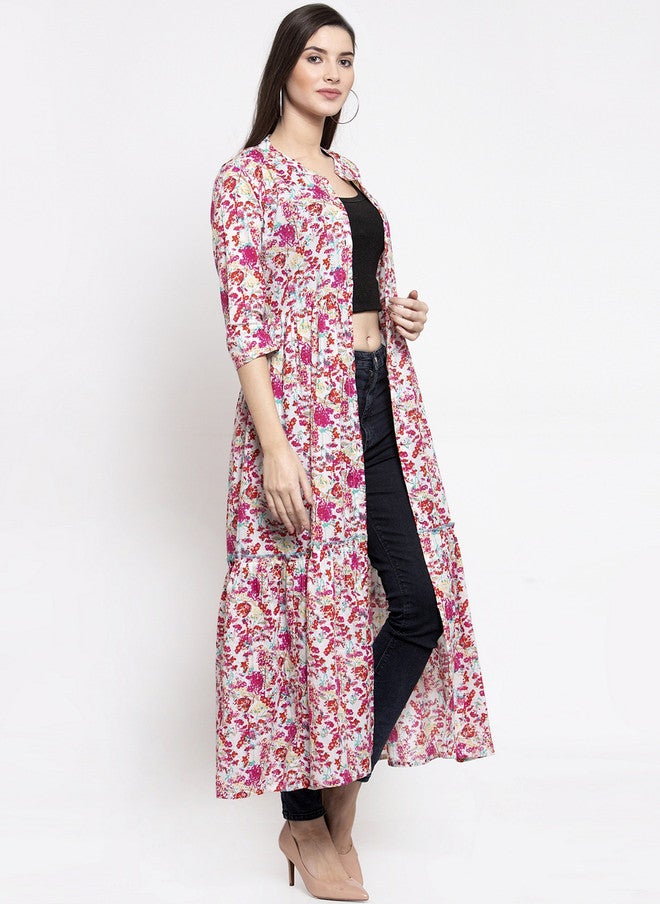 Indibelle Women Pink Floral Printed Longline Open Front Shrug - Image 5