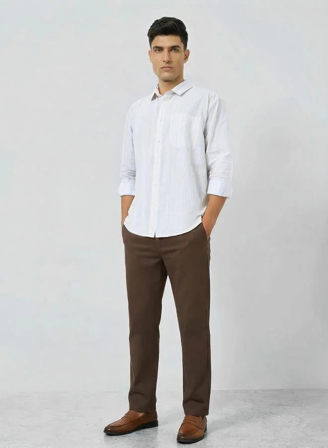 Styli Men White Relaxed Fit Striped Cotton Shirt