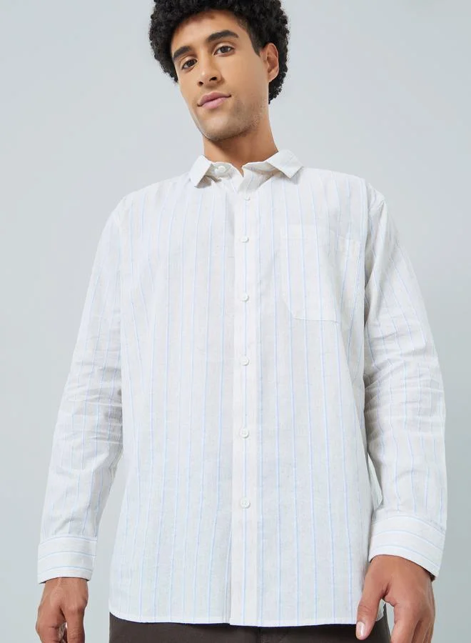 Styli Men White Relaxed Fit Striped Cotton Shirt