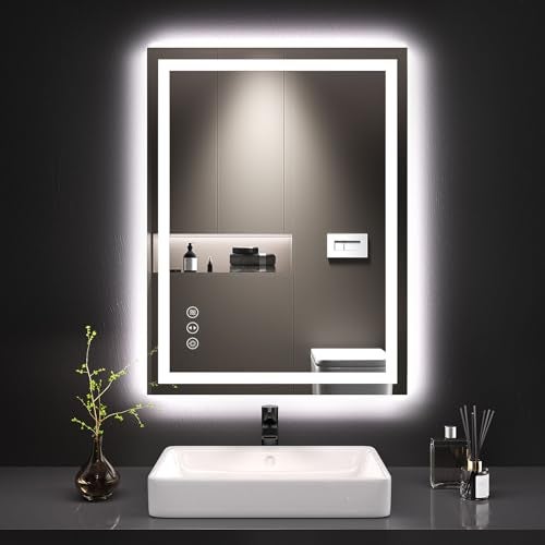 مرآة حمام LED LOAAO 24X32 مع أضواء مضادة للضباب قابلة للتعتيم مضاءة من الخلف ومن الأمام مرآة حمام مزينة للحوائط مع وظيفة الذاكرة زجاج مقسى مقاوم للكسر مدرج في ETL