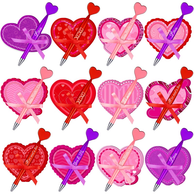 Thenshop 48 Pcs Valentine's Day Sticky Notes with Pens Set Galentines Gifts Bulk 24 Heart Ballpoint Pens 864 Sheets Heart Sticky Notes and 3 Rolls Ribbon for Valentines Exchange Gifts Party Favors - Image 1