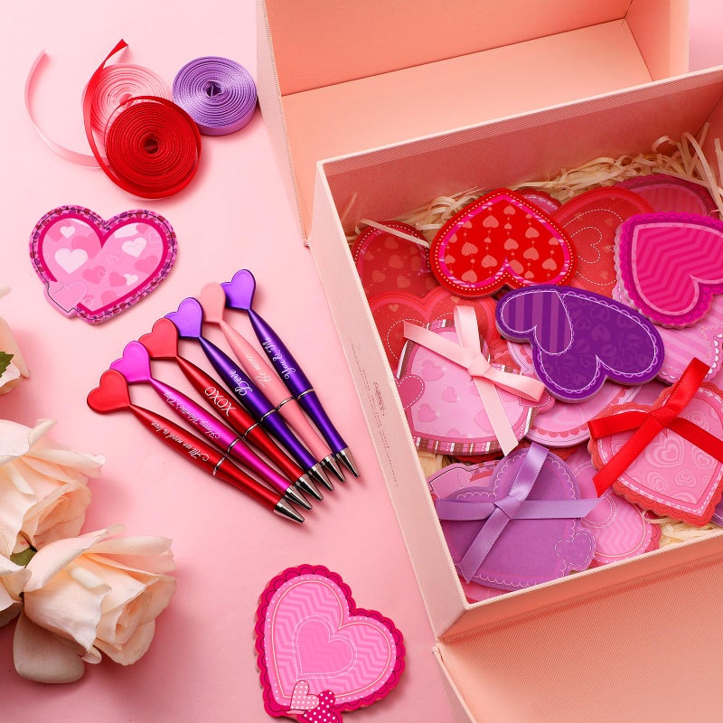 Thenshop 48 Pcs Valentine's Day Sticky Notes with Pens Set Galentines Gifts Bulk 24 Heart Ballpoint Pens 864 Sheets Heart Sticky Notes and 3 Rolls Ribbon for Valentines Exchange Gifts Party Favors - Image 5