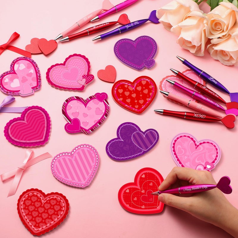 Thenshop 48 Pcs Valentine's Day Sticky Notes with Pens Set Galentines Gifts Bulk 24 Heart Ballpoint Pens 864 Sheets Heart Sticky Notes and 3 Rolls Ribbon for Valentines Exchange Gifts Party Favors - Image 2